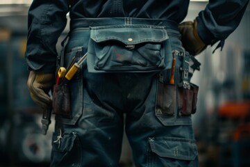 close up of maintenance worker with bag and tools kit wearing on waist