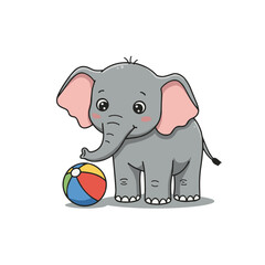 Naklejka premium Playful cartoon baby elephant playing with a ball, symbolizing childhood joy, learning, and development