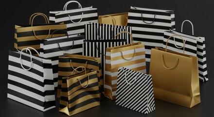 Elegant Striped Shopping Bags Display - Luxury shopping, retail, fashion, elegance, and . A collection of black, white, and gold striped shopping bags arranged on a dark surface