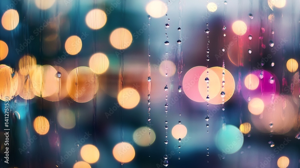 Poster soothing rain drops on glass window with colorful bokeh lights during a rainy evening : generative a