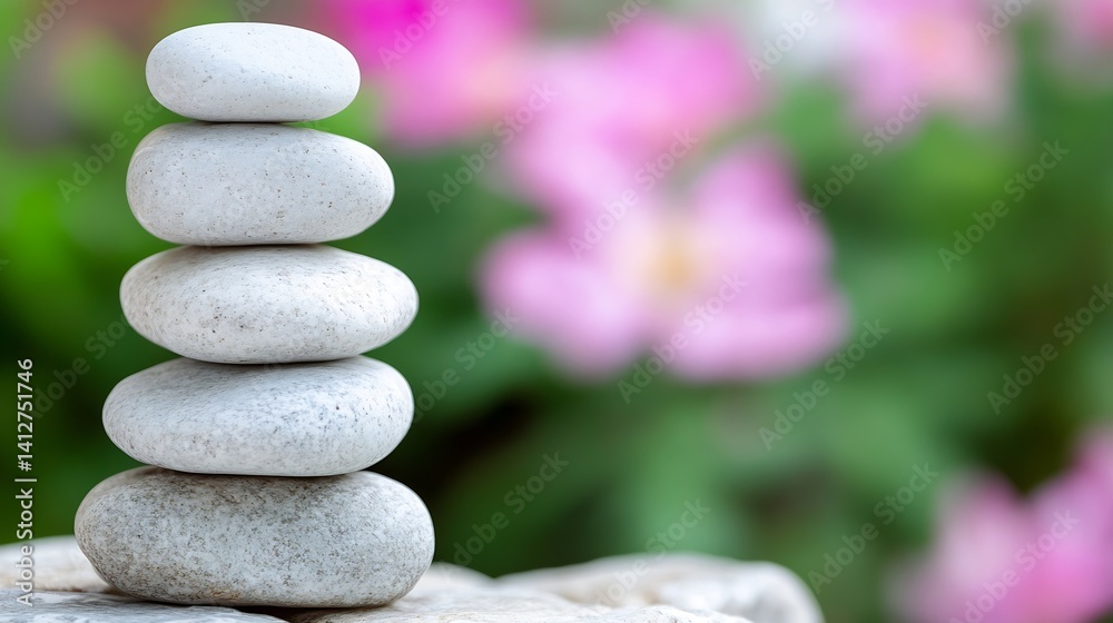 Poster zen stones stacked on smooth surface with vibrant flowers in the background : generative ai