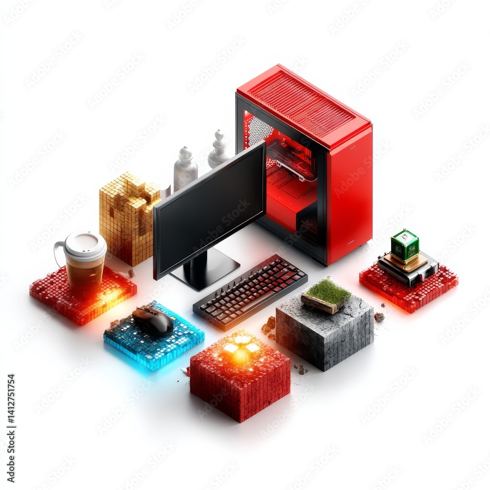 Poster modern tech still life: desktop computer, accessories, and eclectic objects on white background