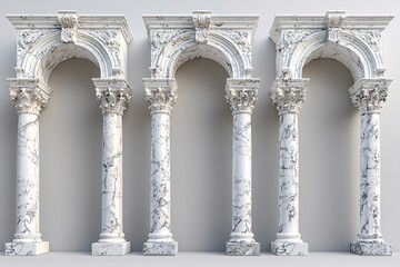 A stunning set of three intricately designed marble columns, showcasing beautiful architectural details and exquisite craftsmanship against a neutral backdrop.