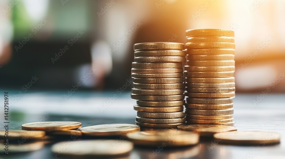 Fototapete close-up of stacked coins with warm light and soft background : generative ai