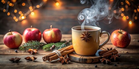 Fototapeta premium Warm Spiced Apple Drink with Cinnamon Sticks and Star Anise on Rustic Wooden Table