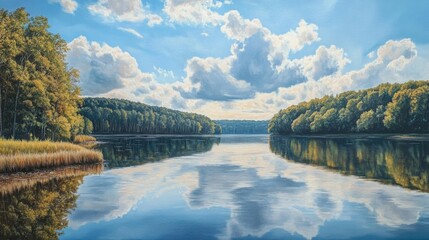 Obraz premium Serene Lake Reflection Under a Sunny Sky