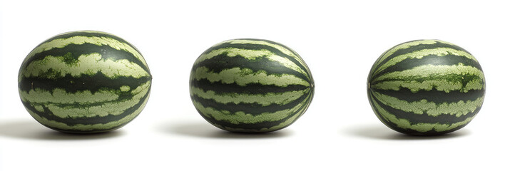 Three small watermelons displayed from different angles, showcasing their striped green rind