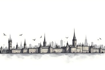 Naklejka premium Hand-Drawn Historical City Skyline with Open Space for Text