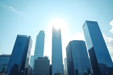 Fototapeta premium Modern Business City Skyline with Glass Towers and Space for Branding