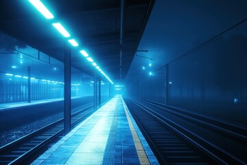 Obraz premium Nighttime train platform illuminated by neon lights in a foggy setting