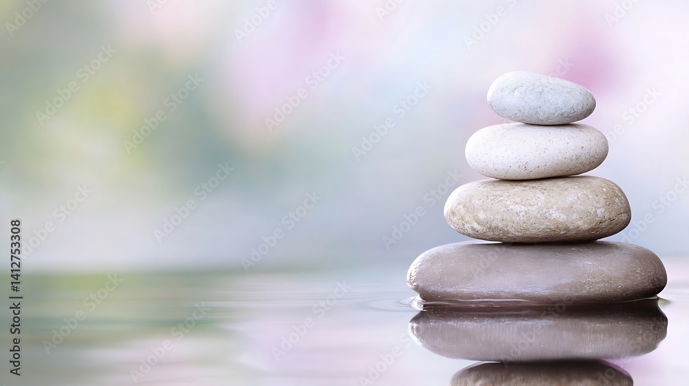 Aufkleber peaceful stack of smooth stones on serene water background symbolizing balance and tranquility : gen