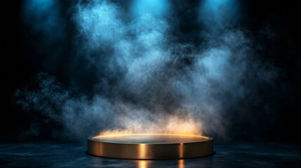 Gold Circular Platform with Blue Smoke and Lighting