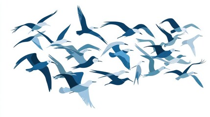 Obraz premium A graceful flock of birds soars through a bright blue sky, their wings outstretched against the backdrop of fluffy white clouds, creating a stunning display of nature's beauty.