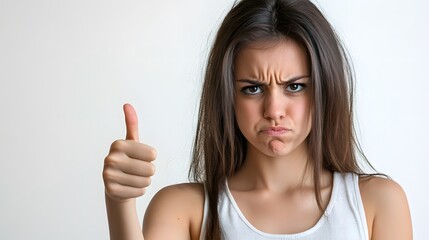 Woman giving a thumbs-up with a displeased expression; showing conflict between conveying approval and experiencing disapproval or skepticism.