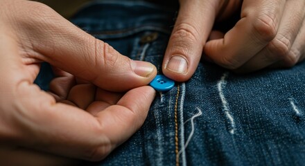 Sewing on a Button Repairing Jeans - Close-up of hands carefully sewing a small blue button onto denim jeans, showcasing detailed craftsmanship and repair