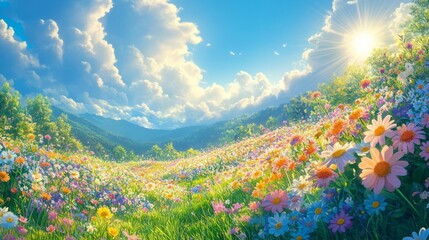 Vibrant Wildflower Meadow And Majestic Mountains Under Sunny Sky