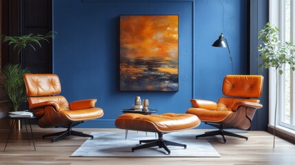 Fototapeta premium Modern Living Room with Orange Leather Chairs and Abstract Artwork