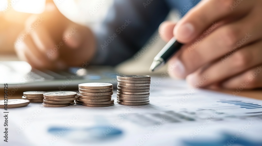 Aufkleber businessman analyzing financial data with coins stacked on documents and a laptop in the background 