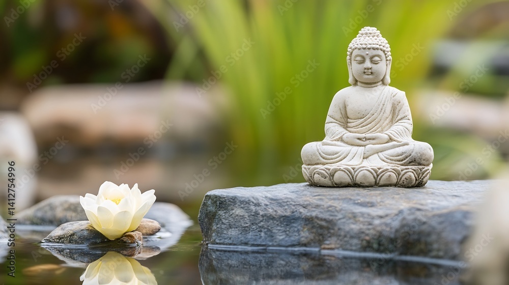 Poster serene buddha statue with water lily in a tranquil garden setting : generative ai