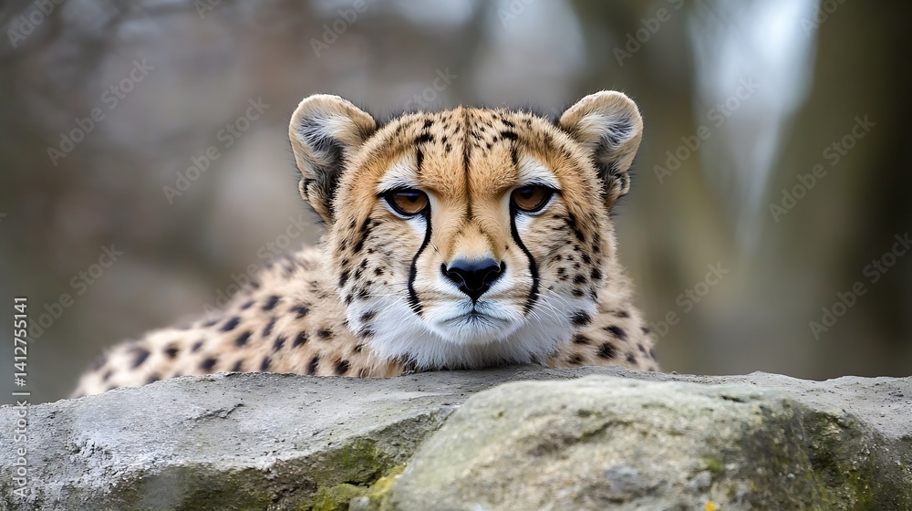 Poster close up portrait of a majestic cheetah resting on a rock surrounded by nature : generative ai
