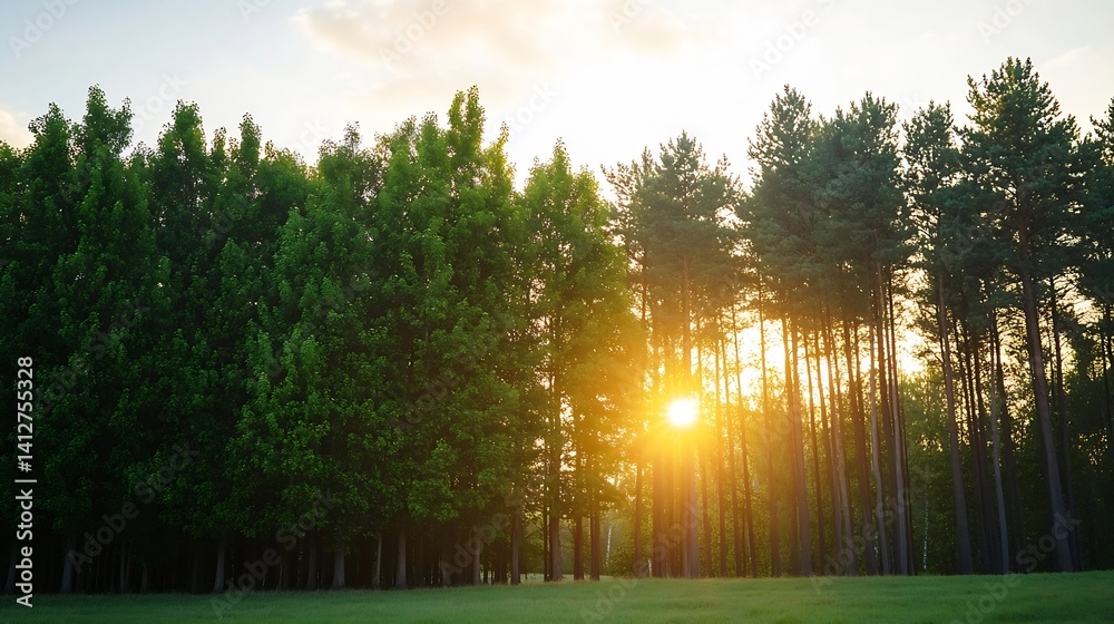Poster sunlight filtering through lush green trees in a beautiful forest : generative ai