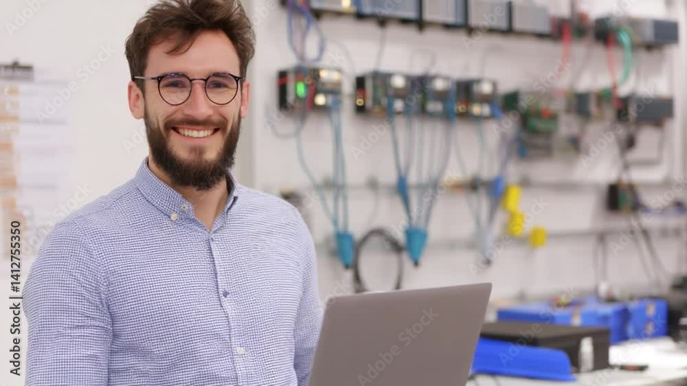 Poster electronics design engineer working in laboratory with a smile generative ai
