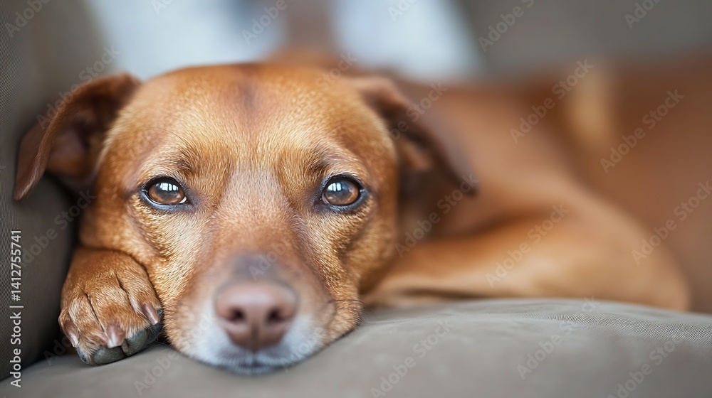 Aufkleber close-up of a relaxed dog resting on a couch with expressive eyes : generative ai