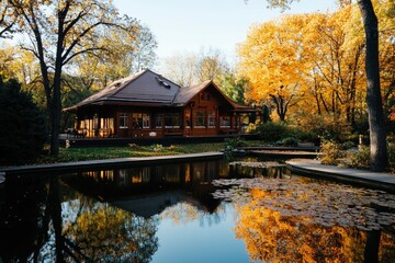 Fototapeta premium Autumnal House by a Pond