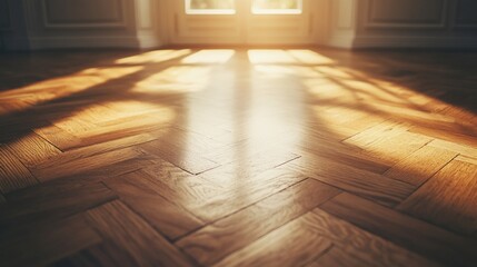 Sunlit Elegance, A Warm Herringbone Wood Floor Bathed in Golden Light