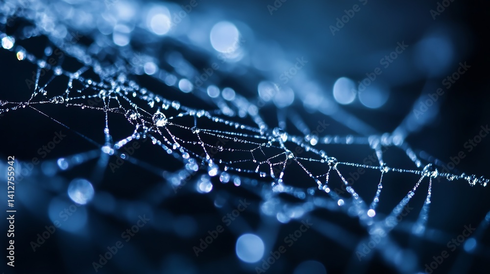 Aufkleber a close-up shot of a spider web adorned with water droplets glistening in the dark : generative ai