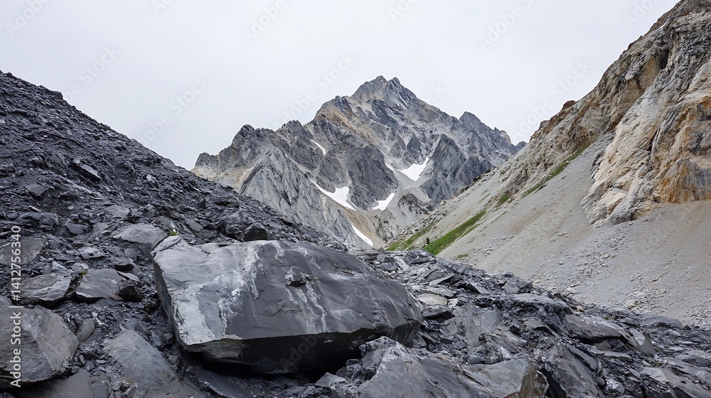 Poster scenic view of rugged mountain landscape featuring rocky slopes and a distant peak under cloudy skie