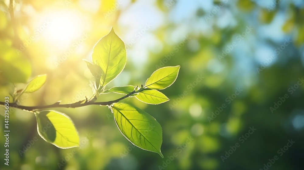 Poster close up of bright green leaves glowing in sunlight creating a fresh nature scene : generative ai
