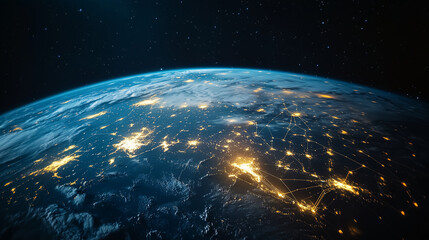 Obraz premium 宇宙空間に浮かぶネットワークでつながるデジタル地球