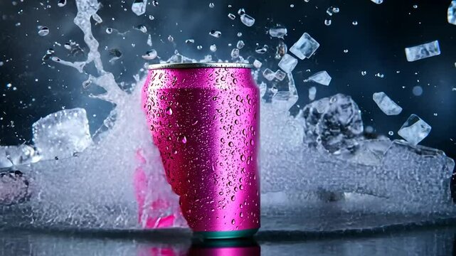 Pink Soda Can with Splash and Ice