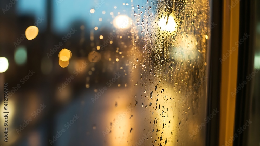 Poster Rainy Day Reflections on a Window with Bokeh Background Creating an Atmospheric Mood : Generative AI