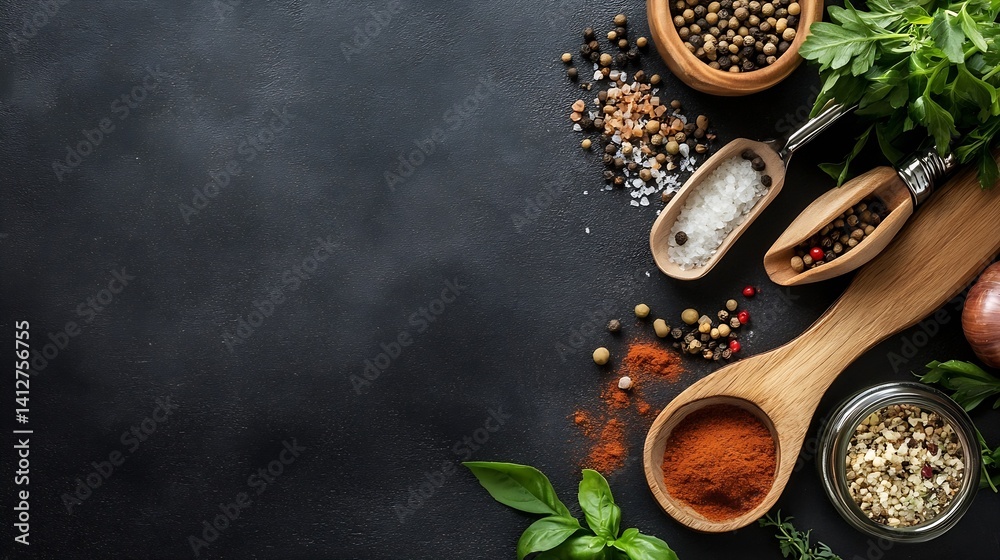 Aufkleber variety of spices and herbs on a dark background for culinary settings and food preparation : genera