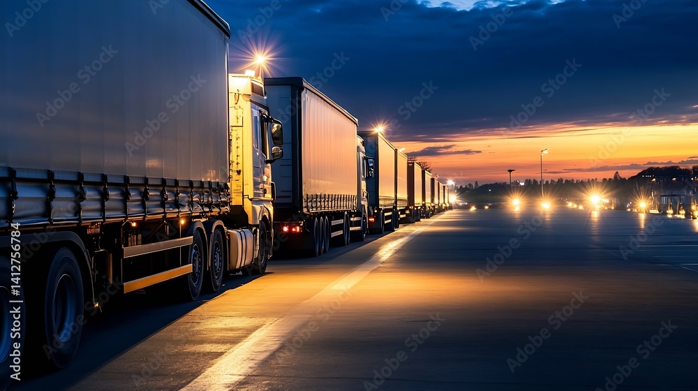 Poster trucks lined up on highway at twilight with vibrant sky colors : generative ai