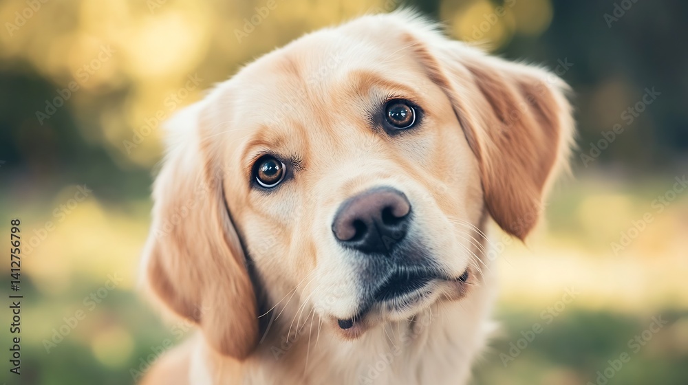Poster adorable golden retriever dog portrait with beautiful expression and warm background : generative ai