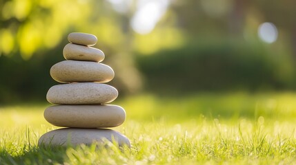 Stacked Smooth Stones on Grass Symbolizing Balance and Tranquility in Nature : Generative AI
