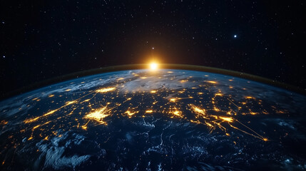 Obraz premium 宇宙空間に浮かぶネットワークでつながるデジタル地球