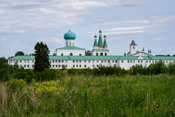 Fototapeta premium View of medieval cathedrals and churches of the Alexander Svirsky Monastery of 15th century in Karelia