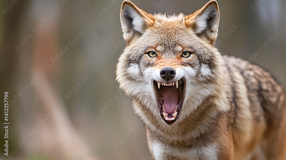 Poster Fierce Coyote with Open Mouth Displaying Teeth in Natural Habitat : Generative AI