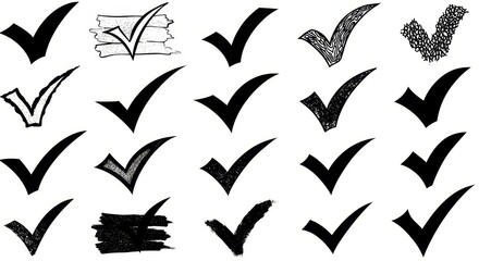 Fototapeta premium Artistic Checkmarks: Black and White Design Elements - Collection of hand-drawn checkmarks, showcasing variations in and texture. Ideal for design, illustration