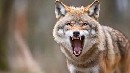 Fototapeta premium Fierce Coyote with Open Mouth Displaying Teeth in Natural Habitat : Generative AI