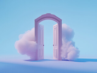 Open arched door, pastel clouds, surreal scene
