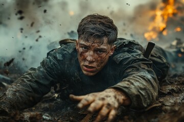 Wounded soldier crawling on muddy battlefield reaching out for help