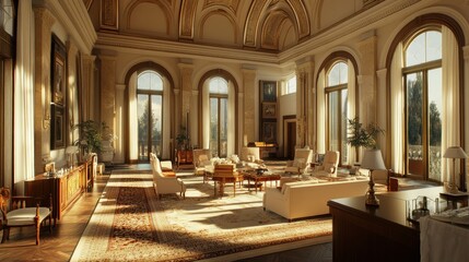 Sunlit grand hall with arched windows, ornate ceiling, and elegant furniture