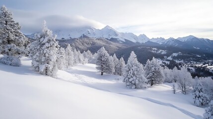 Obraz premium Winter Wonderland Landscape with Snow Covered Mountains and Pine Trees : Generative AI