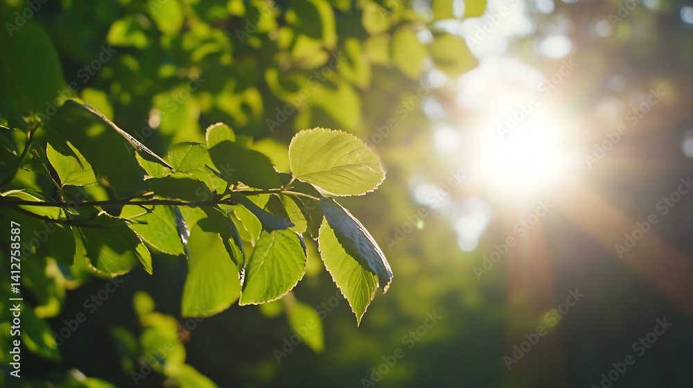 Poster bright sunlight shining through green leaves in a lush forest setting : generative ai