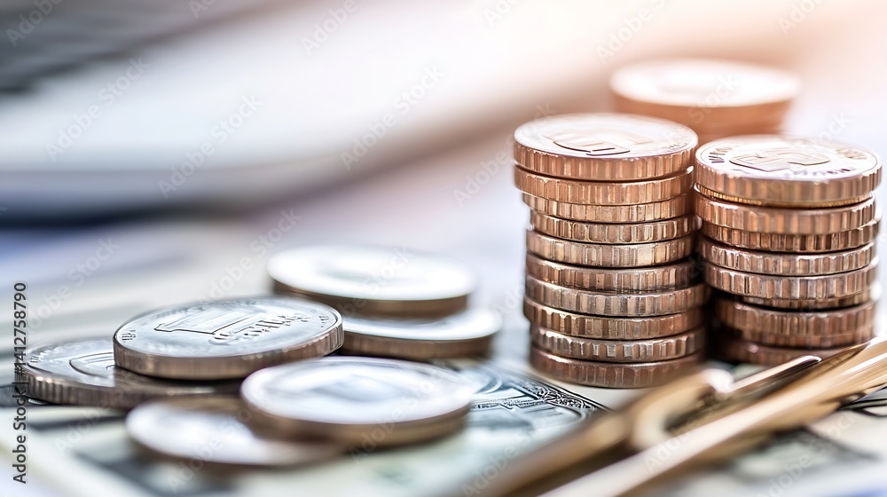 Aufkleber stacks of coins on currency notes for financial concept : generative ai